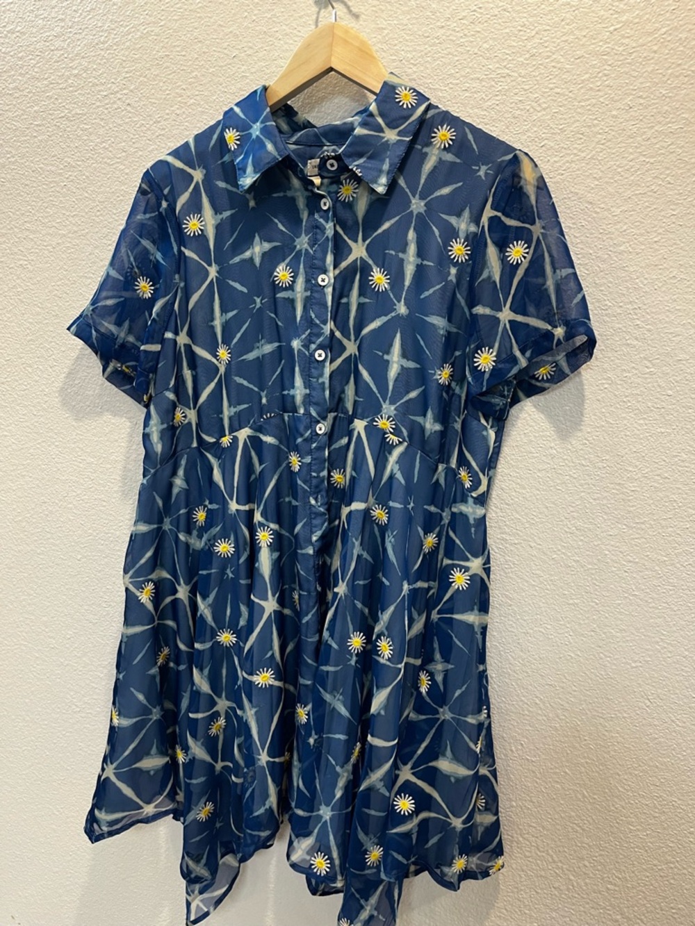 Urban Outfitters Blue Tie-Dye Shirt with Yellow Daisy Embroidery